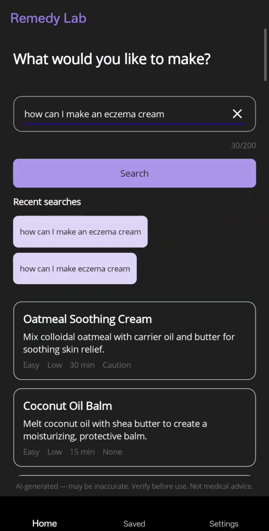Remedy Lab home screen — asking 'how can I make an eczema cream' and getting suggestions