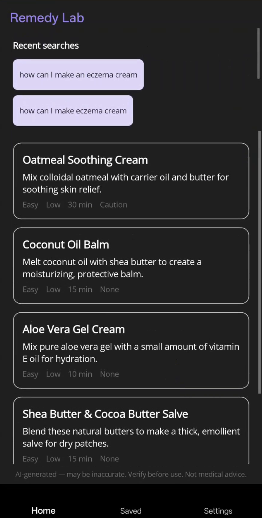 A list of AI-suggested remedies with difficulty, cost, and time